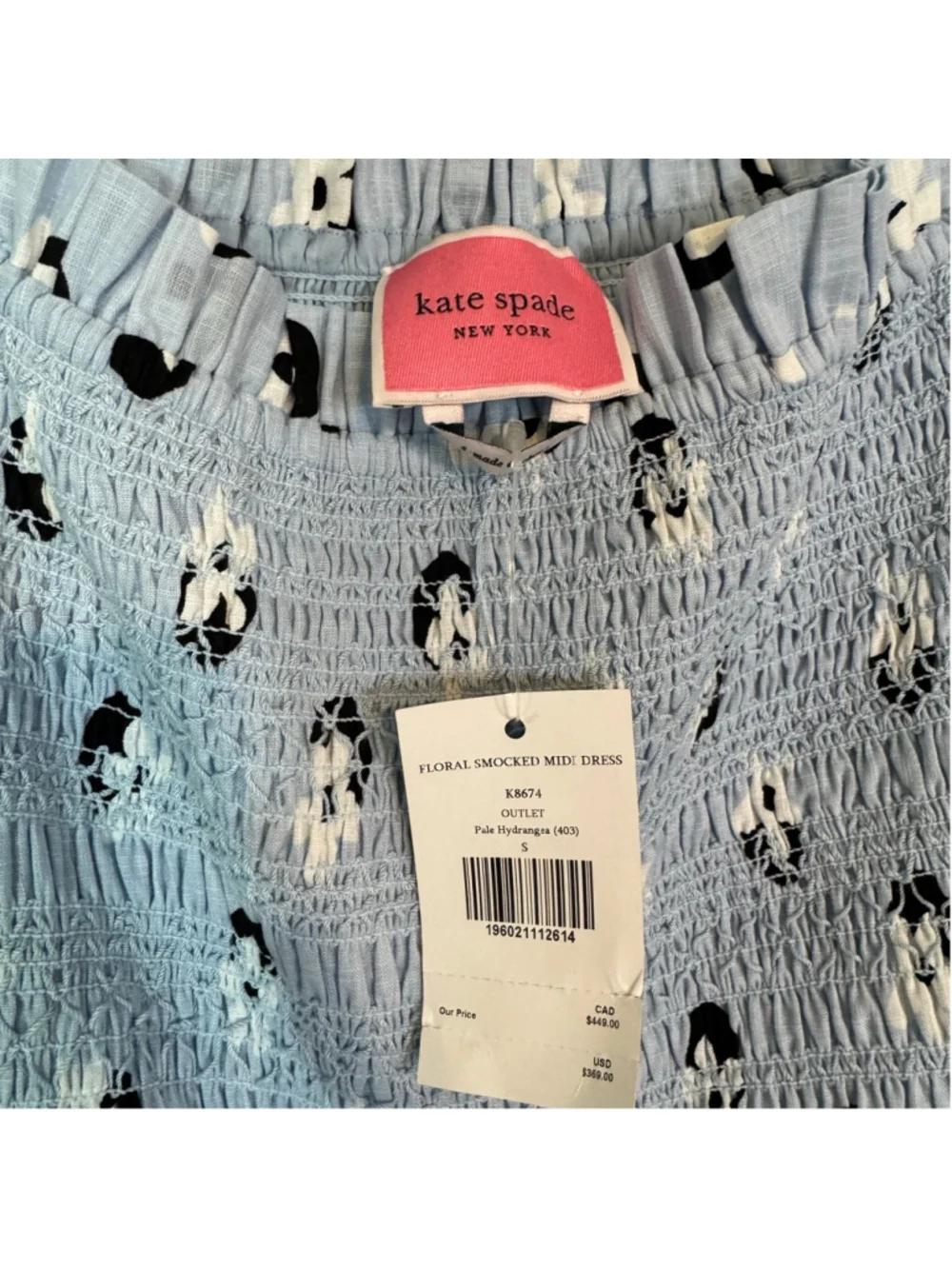 KATE SPADE NEW YORK Floral Dot Smocked Midi Dress Light Blue Size Small NWT
